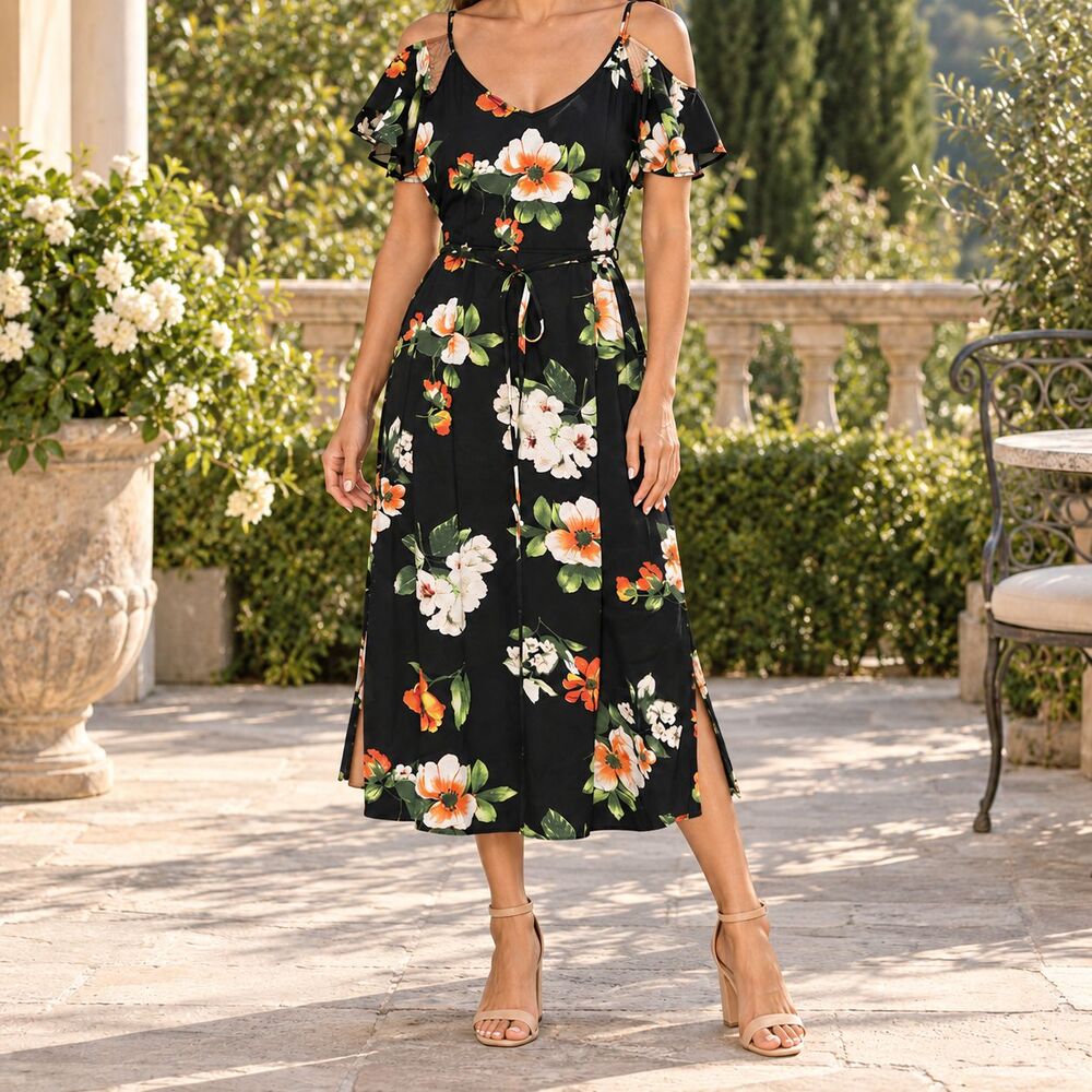 Bisou Bisou Size 10 Floral Cold Shoulder Midi Dress Side Slits NWOT